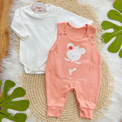 Conj. Body Manga Longa e Jardineira Suedine - Princesa Bailarina - Salmão e Off White